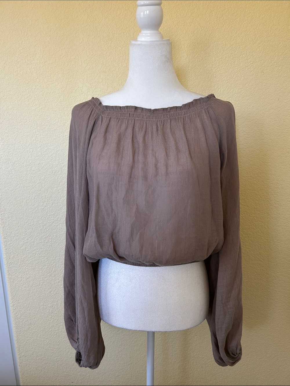 Smocked Neck Long-Sleeve Blouse in Taupe